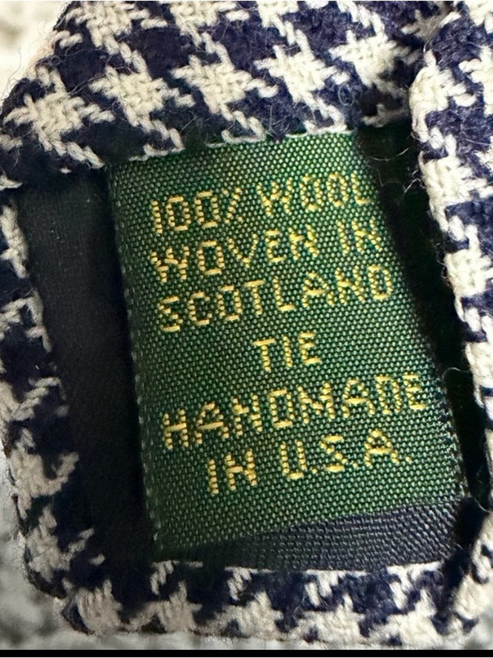 Blue shepherds check club room 100% wool tie handmade woven in Scotland Made USA